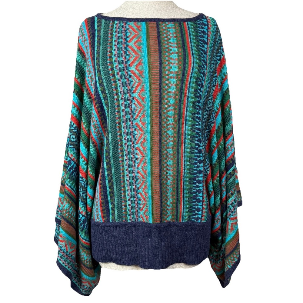 NOVICA Sweater Womens S/M Multi Boho Striped Alpaca Blend‎ Batwing Poncho